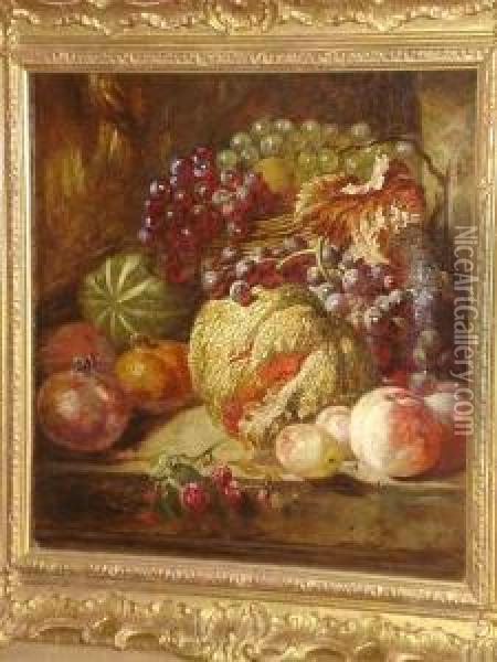 Still Life Of Melon, Grapes, Peaches And Pomegranites On A Ledge Oil Painting - Eloise Harriet Stannard