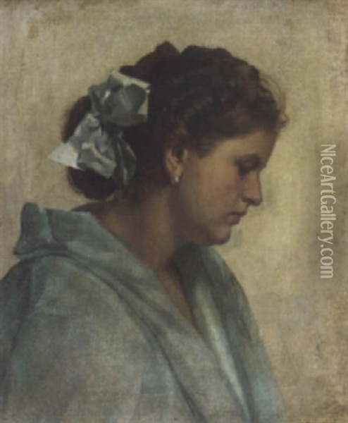 Portrait Of A Lady In A Light-blue Silk Gown With A Bow In Her Hair Oil Painting - Dmitrii Moiseevich Gavril'tsev