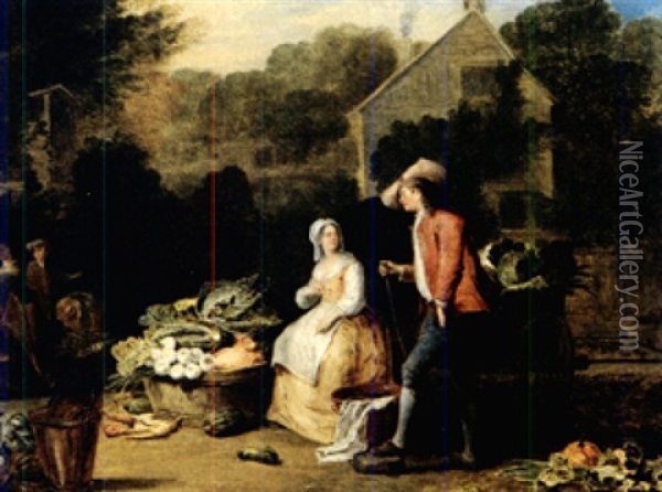 La Marchande De Legumes (+ Scene Galante; Pair) Oil Painting - Pieter Angillis