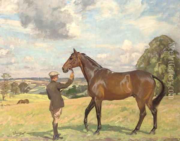 A hunter and groom in an extensive landscape Oil Painting - Algernon Talmage