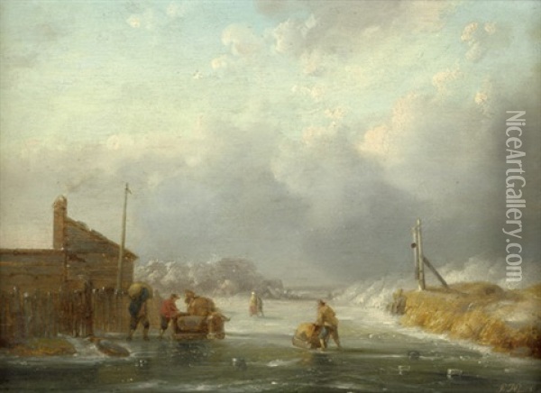 Winterliche Flusslandschaft Mit Pferdeschlitten Oil Painting - Philipp Janz