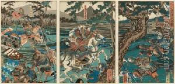 Kampfszene Mit Berittenen Samurai Oil Painting - Utagawa or Ando Hiroshige
