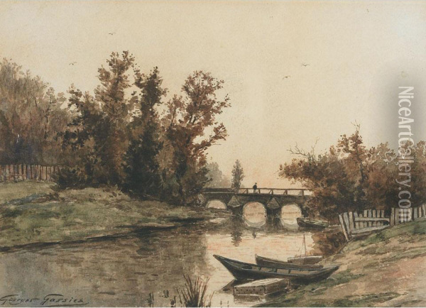 River Scene With Moored Punts And Figure On A Bridge Oil Painting - Jean-Baptiste-Georges Gassies