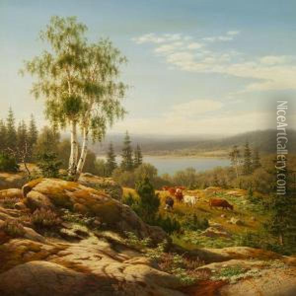 Cows In A Rocky Landscape In Smaaland, Sweden Oil Painting - Carl Henrik Bogh