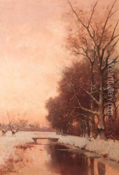 A Snow-clad Landscape At Dusk Oil Painting - Fredericus Jacobus Van Rossum Du Chattel