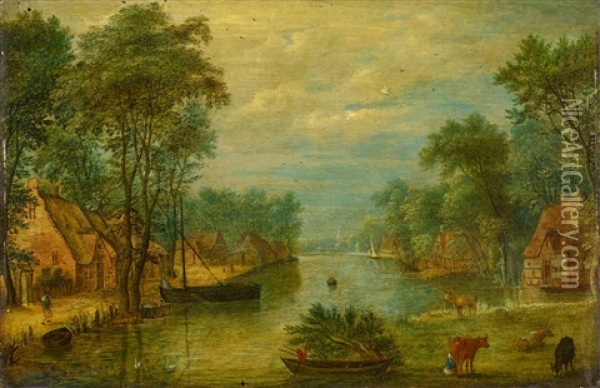 Hollandische Flusslandschaft Mit Bauernkaten Am Wasser Oil Painting - Adriaen Van Stalbemt