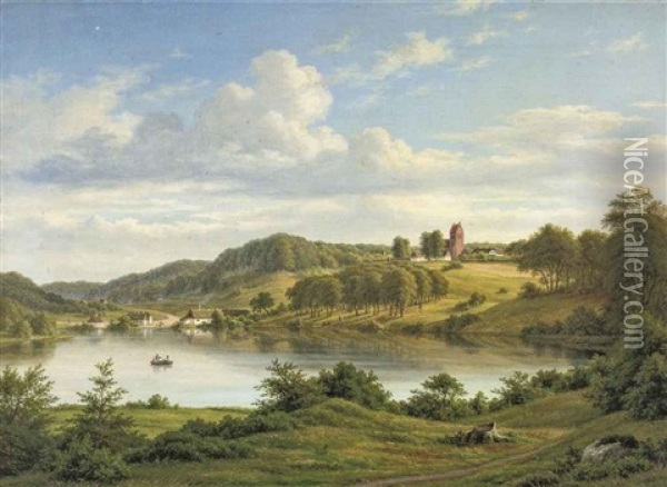 A Lake Near A Scandinavian Village Oil Painting - Frederik Christian Jacobsen Kiaerskou