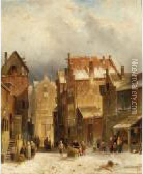 Figures In A Dutch Town In Winter Oil Painting - Charles Henri Leickert