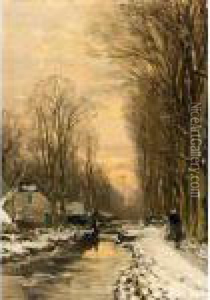A Figure Walking Along A Waterway In Winter Oil Painting - Louis Apol