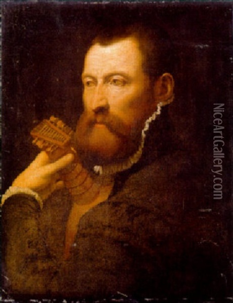 Portrait Of A Gentleman, Bust-length, In A Black Costume, Playing A Lute Oil Painting - Domenico (del Riccio) Brusasorci