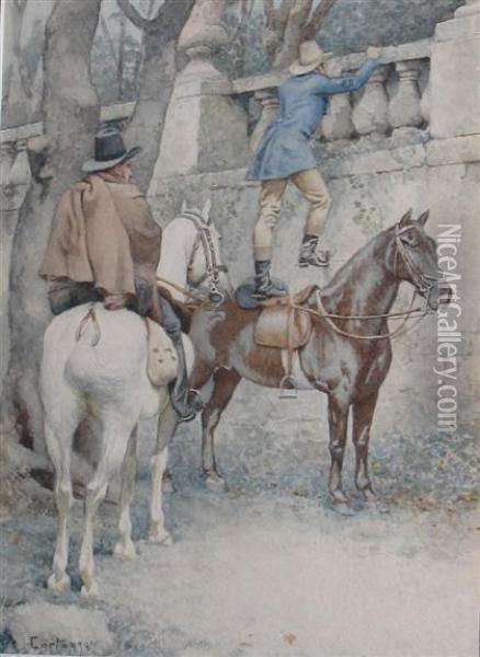 Two Horsemen Oil Painting - Oreste Cortazzo