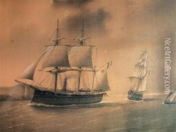  Navire De Guerre Mixte Croise Par Un Trois-mats Sous Voile  Oil Painting - E. Payen