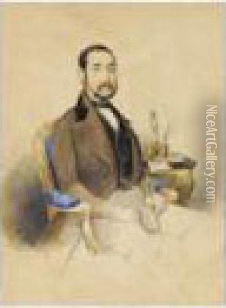 Retrato De Caballero Sentado Junto A Un Escritorio... Oil Painting - Luis Ferrant Y Llausas