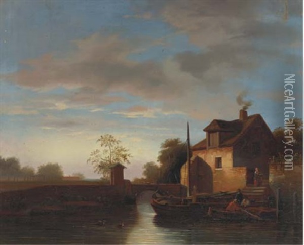 House Along The River At Dusk Oil Painting - Johannes Koekkoek