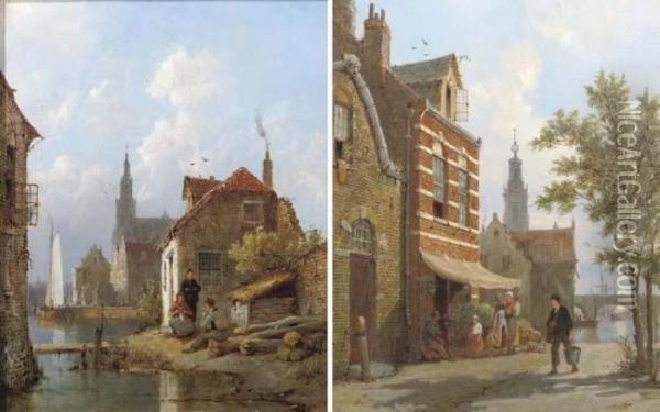 Amsterdam In Summer; And Alkmaar In Summer Oil Painting - Pieter Cornelis Dommershuijzen