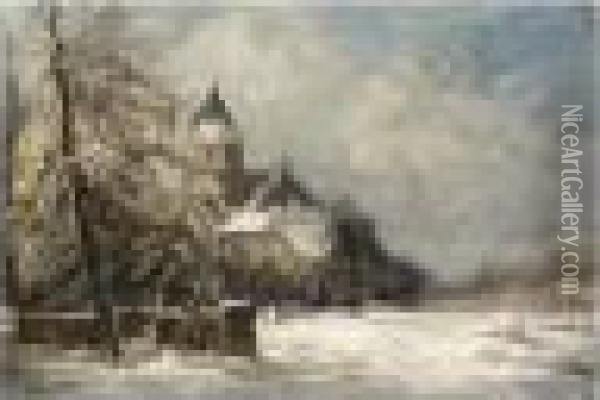 A Winter Landscape With A Church Oil Painting - Louis Apol