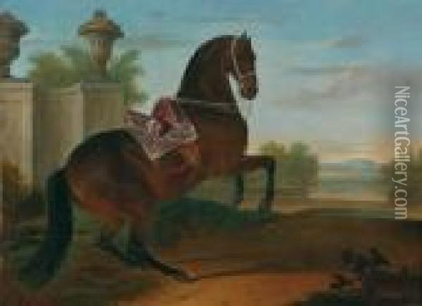 Paesaggio Con Cavallo Bruno Imperiale Con Sella Ornamentale Oil Painting - Ferdinand Phillip de Hamilton