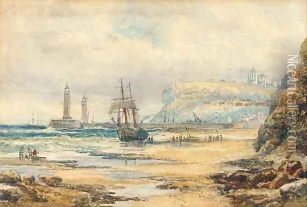 Unloading a beached brig, Whitby Oil Painting - Robert Ernest Roe