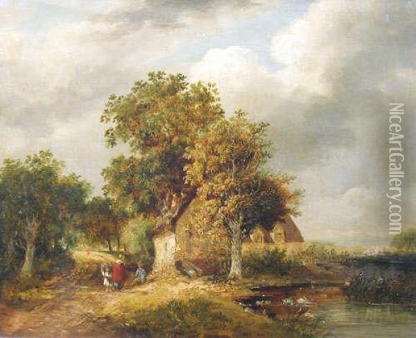 Figures On A Country Lane By A Cottage Oil Painting - Henry John Boddington