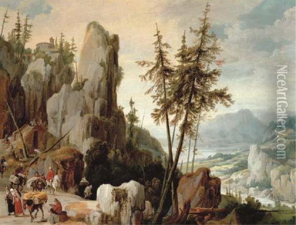 An Extensive Mountainous Landscape With Travellers On A Path Oil Painting - Joos De Momper
