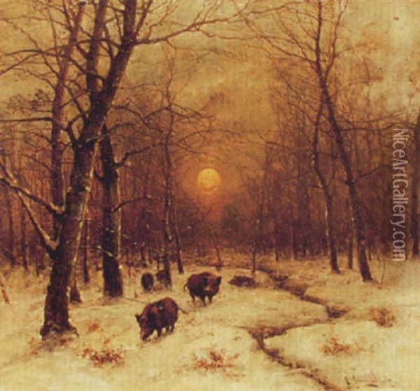 Wildschweinrotte In Verschneiten Laubwald Oil Painting - Johann Jungblut
