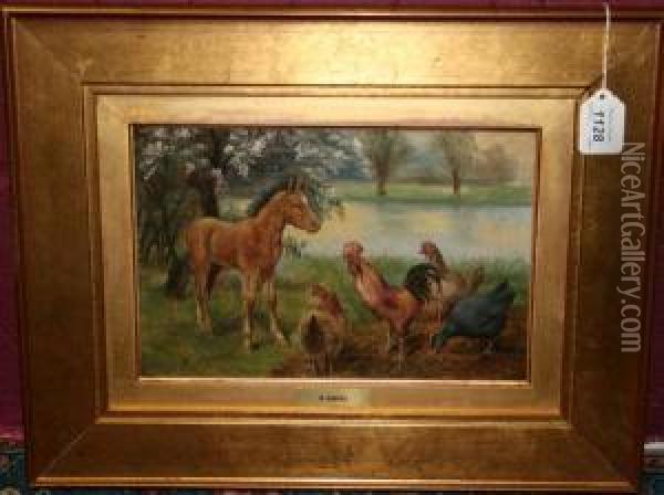 Pony And Chickens Oil Painting - Herbert William Weekes