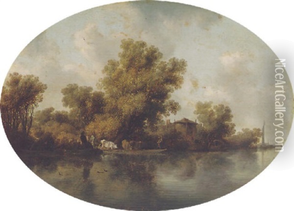 A River Landscape With Peasants Ferrying Cattle Oil Painting - Salomon van Ruysdael