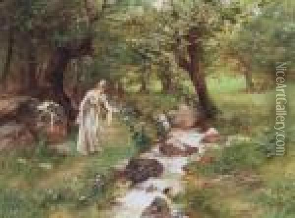 Lady Picking Flowers By The Stream Oil Painting - Antal Neogrady