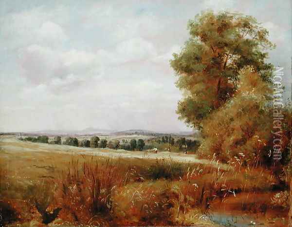 Landscape at Hampstead with Harrow in the Distance, c.1849-55 Oil Painting - Lionel Constable