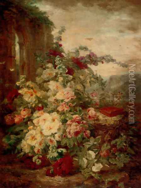A Book on a Plinth by a Rose Bush at the Ruins Oil Painting - Simon Saint-Jean