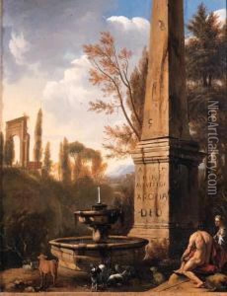 Shepherds Resting By A Fountain And An Obelisk In An Arcadianlandscape Oil Painting - Jan Gerritsz van Bronchorst