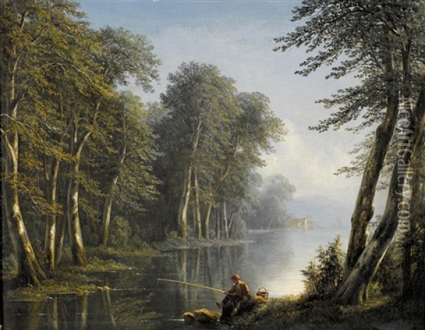 Idyllische Flusslandschaft Mit Einem Fischer Oil Painting - Isidore Dagnan