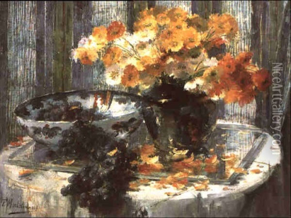 Stilleben Mit Blumen Und Weintrauben Oil Painting - Frans Mortelmans