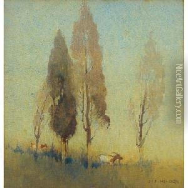 Trees On A Hilltop Oil Painting - Jesse Jewhurst Hilder