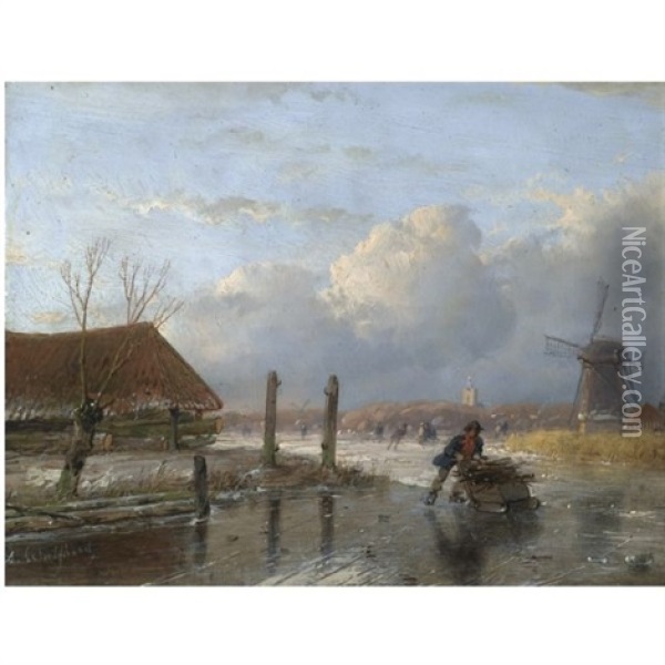 A Wood Gatherer On A Frozen Waterway, Skaters In The Distance Oil Painting - Andreas Schelfhout