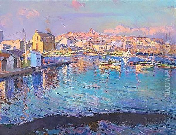 Puerto De Tarragona, Atardecer (Tarragona Port, Evening) Oil Painting - Joaquin Miro