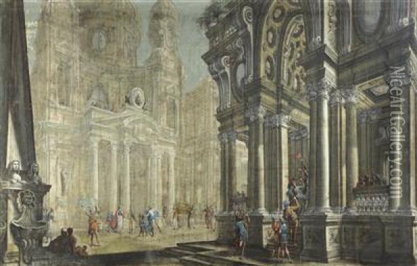 Architectural Capriccio With Scenes From The Life Of David Oil Painting - Ferdinando Galli Bibiena