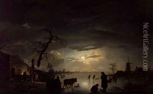 A Winter Landscape in Moonlight Oil Painting - Ignatius Josephus van Regemorter