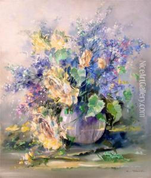 Blumenstillleben In Vase Oil Painting - Henry J. Rhodes