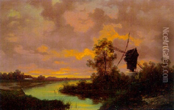 A River Landscape With A Ferry And A Windmill Oil Painting - Adolf Chwala