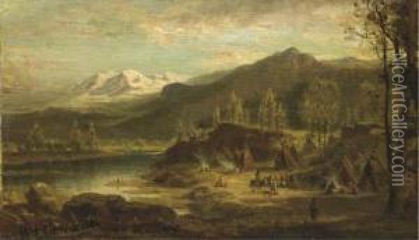 An Indian Camp By A River Oil Painting - Henry Cleenewerck