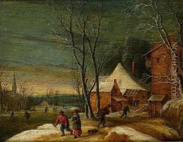A Winter Landscape With Peasants Carrying Firewood Before A Village, With Figures Skating On A Frozen River Beyond Oil Painting - Theodore van Heil