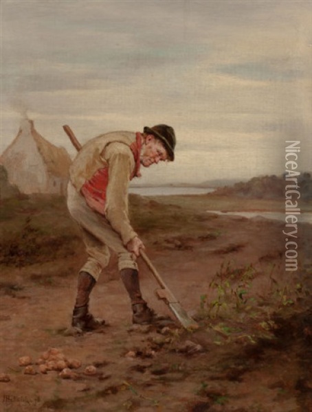 A Man Digging Potatoes Oil Painting - Howard Helmick