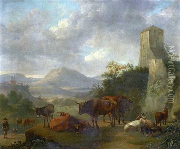 Rastende Vieherde In Gebirgiger Landschaft Oil Painting - Leendert de Koningh