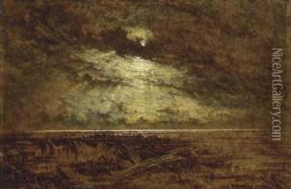 Sunset Off A Rocky Shore; And A Moonlit Shore Oil Painting - George F. Teniswood