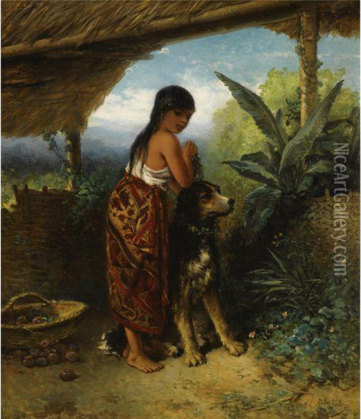 A Javanese Girl Tending To Her Dog Oil Painting - Jan Mari Henri Ten Kate