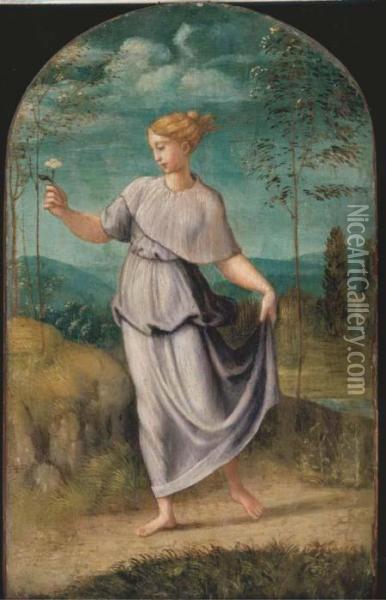 A Young Woman Holding A Flower With An Extensive Landscapebeyond Oil Painting - Girolamo da Carpi