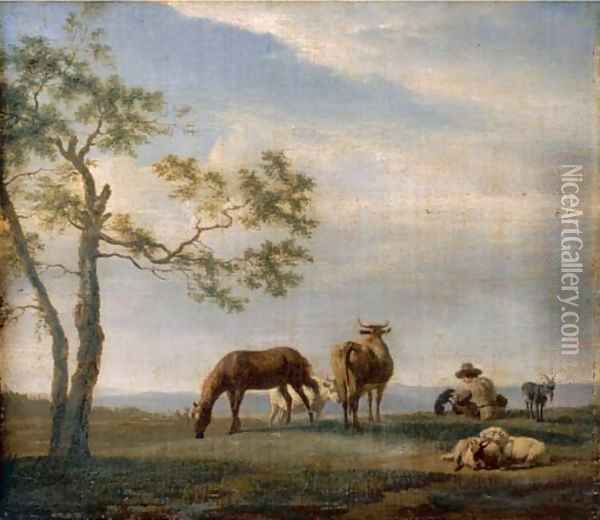 An extensive landscape with a herdsman with cattle, goats and a horse Oil Painting - Adriaen Van De Velde