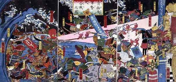 Parody of a Battle Scene depicting the battle of vegetables and fish Oil Painting - Hirokage