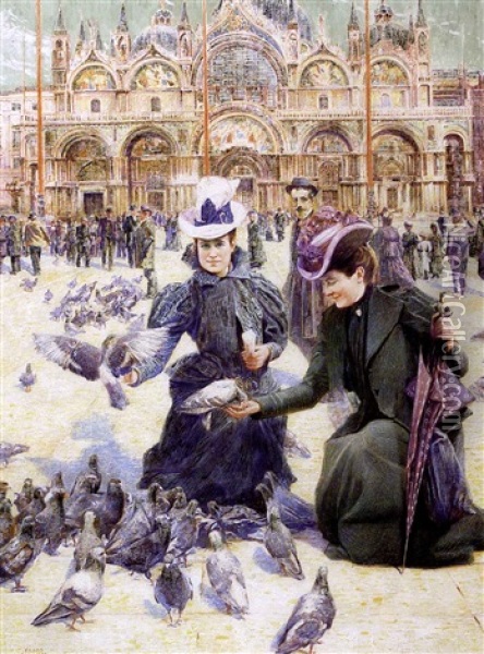 Jeunes Femmes Sur La Place Saint Marc A Venise, Entourees De Pigeons Oil Painting - Franz (Bernard) Gailliard